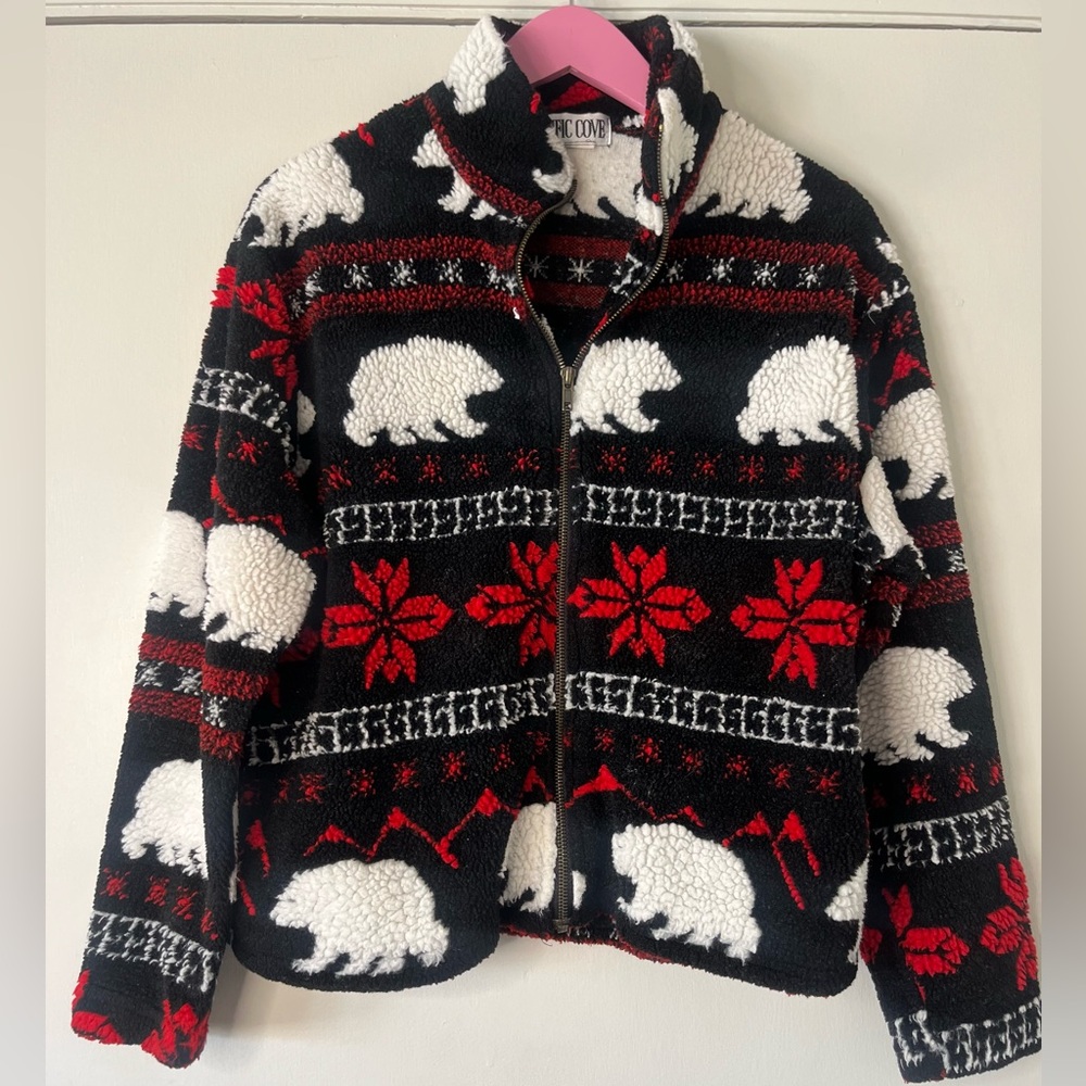 Vintage 90s Fair Aisle Ski Fleece Zip Front Jacket Polar Bear S Pacific Cove
